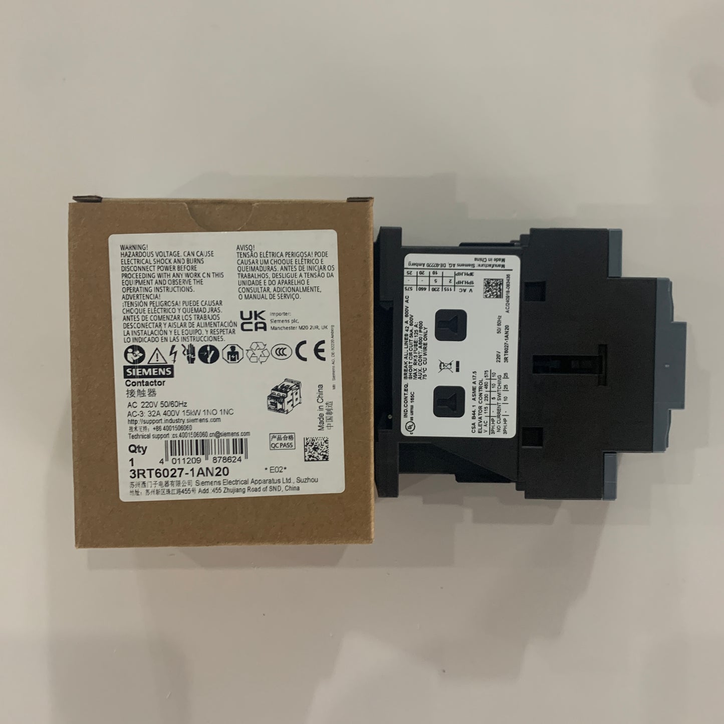 3RT6027-1AN20Contactor 220 V AC 50/60 HZ AC3 15 kW 400 V auxiliary contact 1 normally open contact+1 normally closed contact 3 poles, specification S0 screw terminal